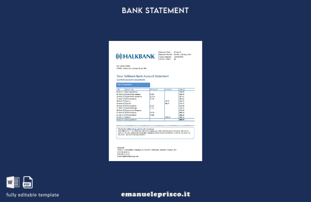 modello Excel di estratto conto bancario con prova di indirizzo Halkbank Turkmen